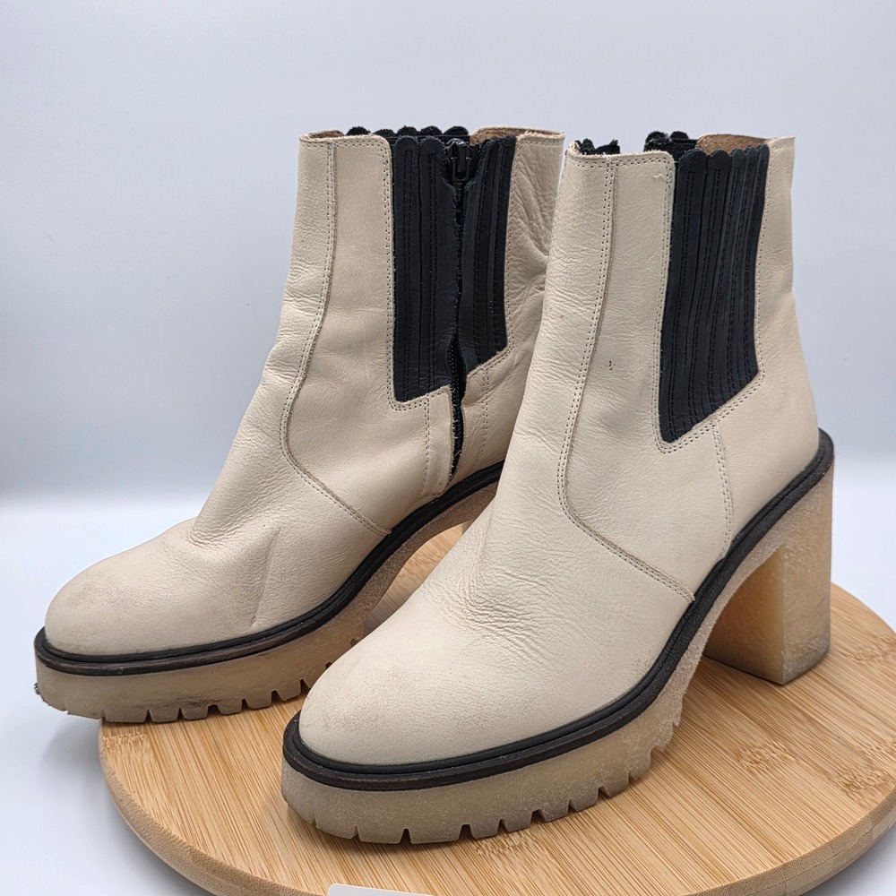 Free People Cream‎ Leather Platform Lug Sole Block Heel Ankle Boots Spain 39